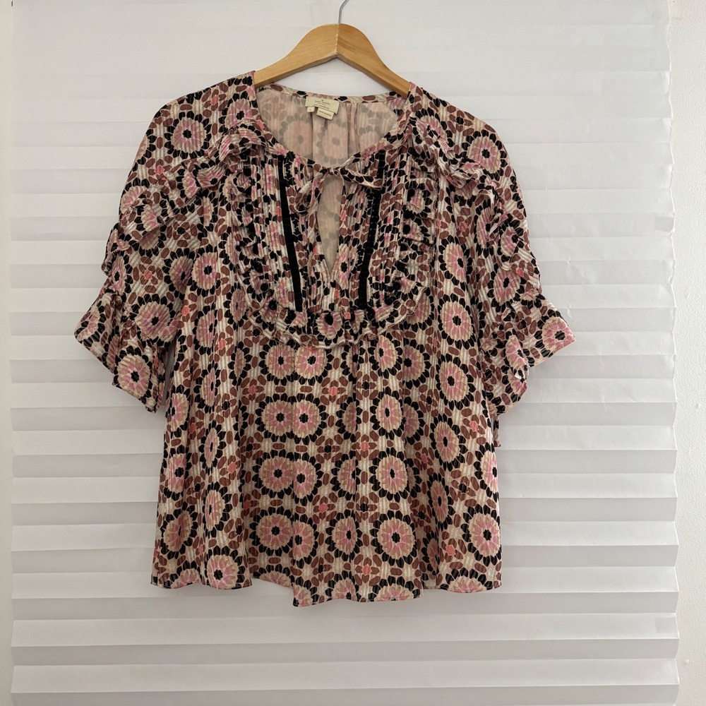 Kate Spade New York Silk Ruffle Bib Blouse Pink Brown Floral Medallion Lurex L